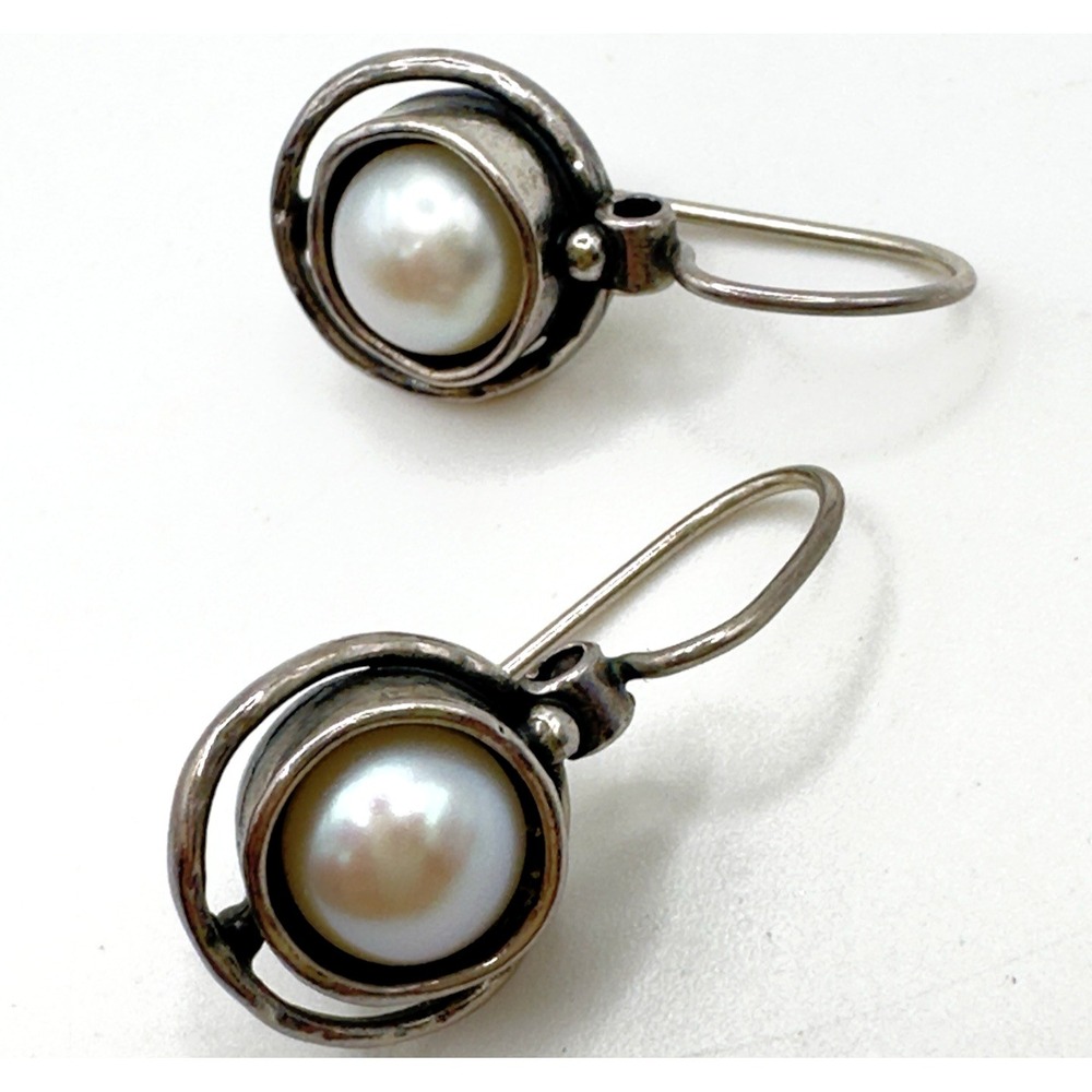 Didae Israel 925 Sterling Silver Pearl Modernist Dangle Earrings